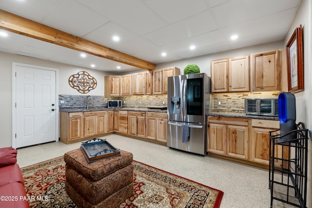 791 N Creekside Dr, Prescott, AZ 86303 - kitchen featuring stainless steel appliances, recessed lighting, decorative backsplash, light brown cabinets, and dark stone counters