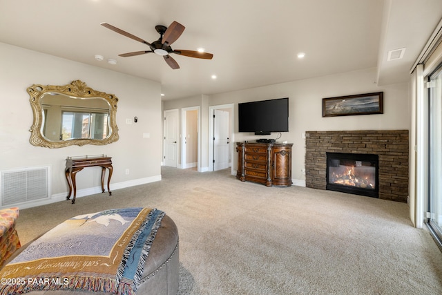 791 N Creekside Dr, Prescott, AZ 86303 - carpeted living area featuring ceiling fan, recessed lighting, and a fireplace