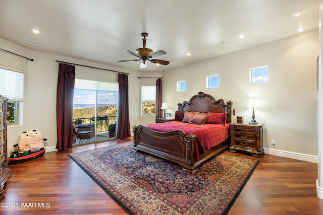 791 N Creekside Dr, Prescott, AZ 86303 - bedroom with access to exterior, wood finished floors, recessed lighting, and ceiling fan