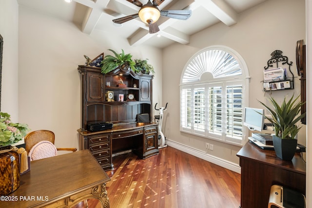 791 N Creekside Dr, Prescott, AZ 86303 - office featuring a ceiling fan, healthy amount of natural light, wood finished floors, and beam ceiling