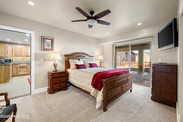 791 N Creekside Dr, Prescott, AZ 86303 - bedroom featuring recessed lighting, access to outside, light colored carpet, and ceiling fan