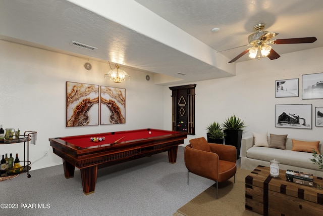 game room featuring carpet flooring, ceiling fan with notable chandelier, and pool table