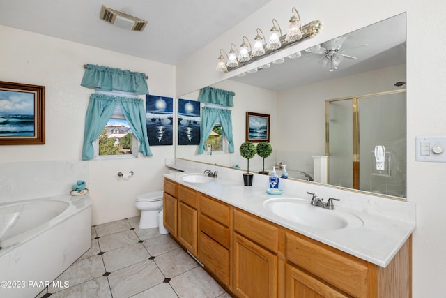 full bathroom featuring vanity, separate shower and tub, ceiling fan, tile patterned flooring, and toilet