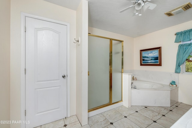 bathroom featuring ceiling fan, tile patterned flooring, and independent shower and bath