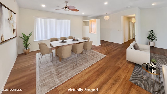 941 Custer Ln, Prescott, AZ 86305 - dining room featuring ceiling fan, wood finished floors, baseboards, and recessed lighting