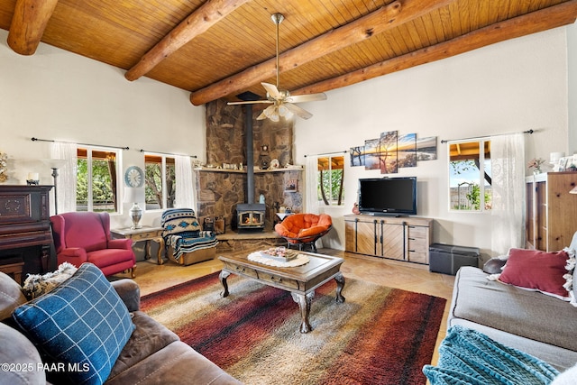 3900 W Runway Rd, Paulden, AZ 86334 - living area featuring a wood stove, a wooden ceiling with exposed beams, ceiling fan, and a high ceiling