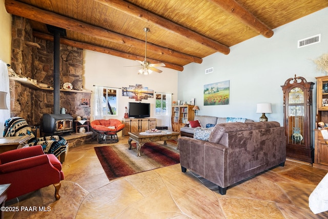 3900 W Runway Rd, Paulden, AZ 86334 - living area featuring a wood stove, a wood ceiling with exposed beams, a ceiling fan, and a high ceiling