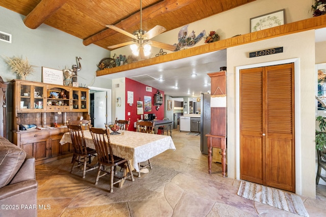 3900 W Runway Rd, Paulden, AZ 86334 - dining space with a wood ceiling with exposed beams, a ceiling fan, and light stone finish flooring