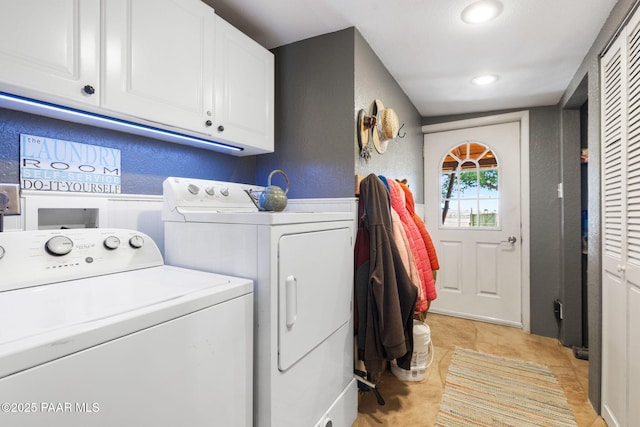3900 W Runway Rd, Paulden, AZ 86334 - washroom with cabinet space, independent washer and dryer, a textured wall, and recessed lighting