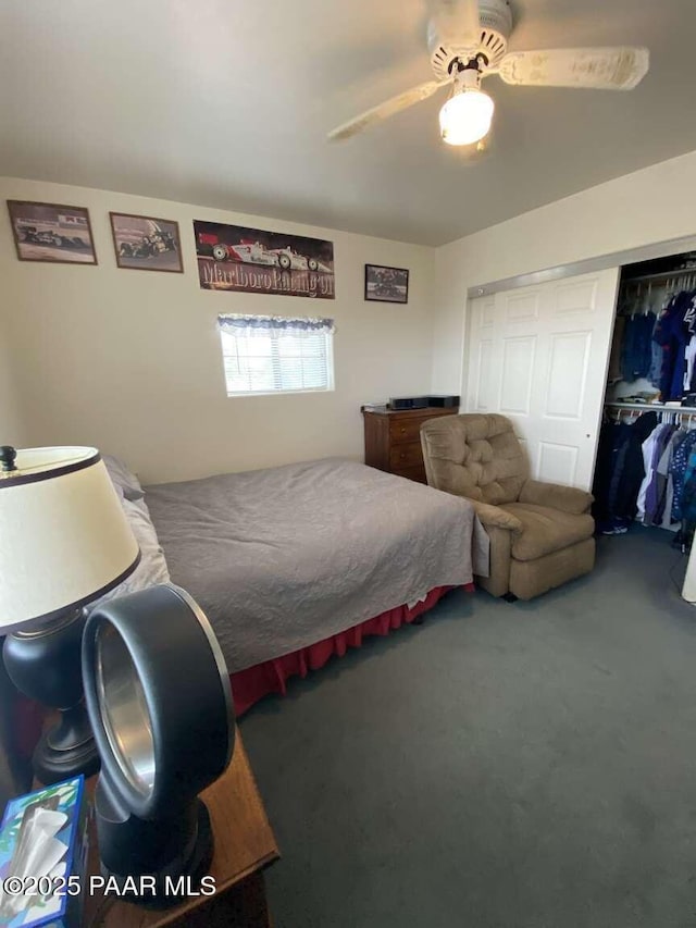 1350 W Justray Ranch Rd, Chino Valley, AZ 86323 - bedroom featuring a closet, carpet flooring, and a ceiling fan