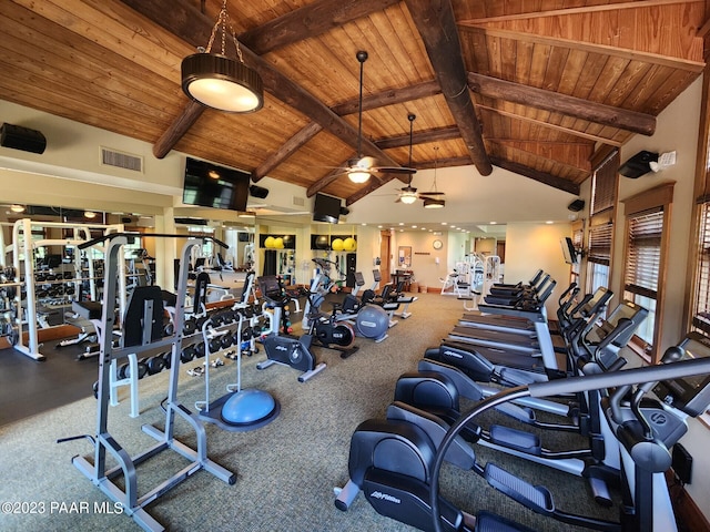 gym featuring ceiling fan, wooden ceiling, and high vaulted ceiling