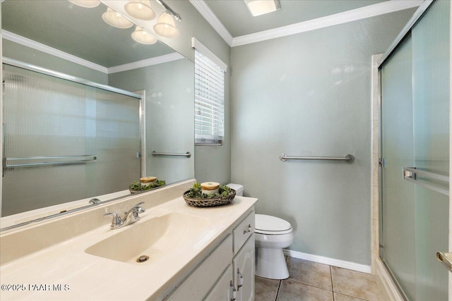 full bath with tile patterned flooring, ornamental molding, toilet, and a shower stall