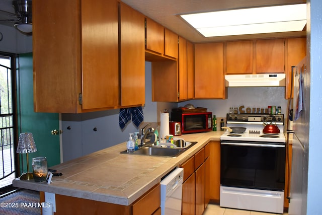 kitchen with brown cabinets, a sink, under cabinet range hood, range with electric stovetop, and dishwasher