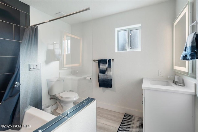 bathroom featuring wood-type flooring, vanity, toilet, and curtained shower