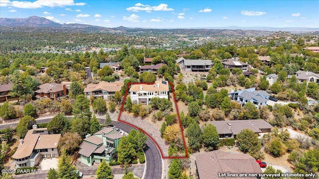 1330 Solar Heights Dr, Prescott, AZ 86303 - aerial perspective of suburban area featuring mountains and property boundaries highlighted