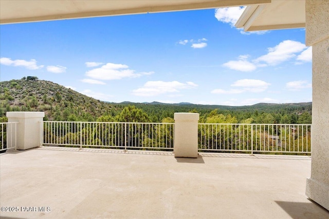 1330 Solar Heights Dr, Prescott, AZ 86303 - view of patio with a wooded view and a mountain view