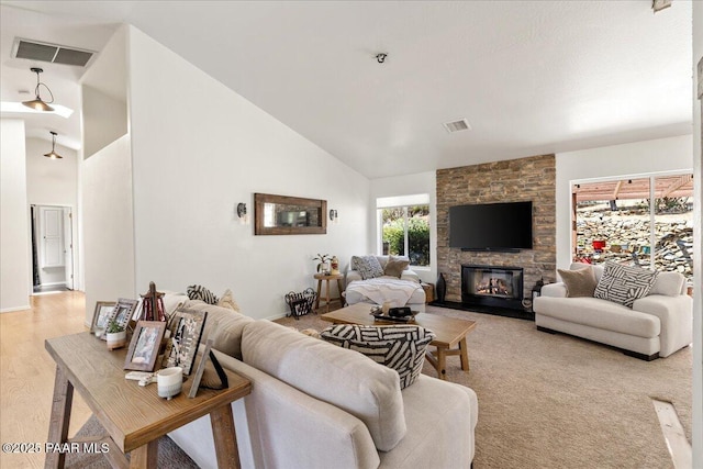 1520 Majestic Way, Prescott, AZ 86301 - living area with high vaulted ceiling, a stone fireplace, and baseboards