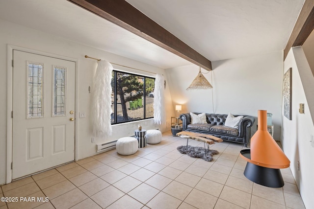 500 Broadview St, Prescott, AZ 86303 - living area with beam ceiling, tile patterned floors, and baseboard heating