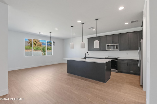 kitchen featuring sink, stainless steel appliances, pendant lighting, light hardwood / wood-style floors, and a kitchen island with sink