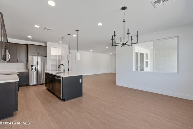 kitchen featuring sink, hanging light fixtures, light wood-type flooring, an island with sink, and stainless steel appliances