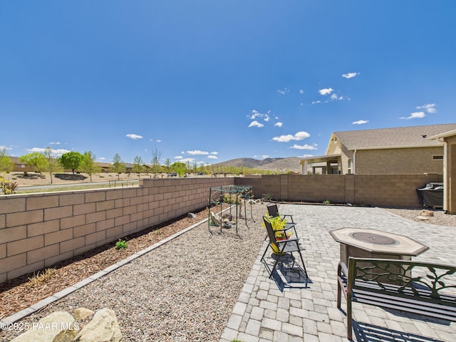 view of yard featuring a fenced backyard, a mountain view, and a patio area