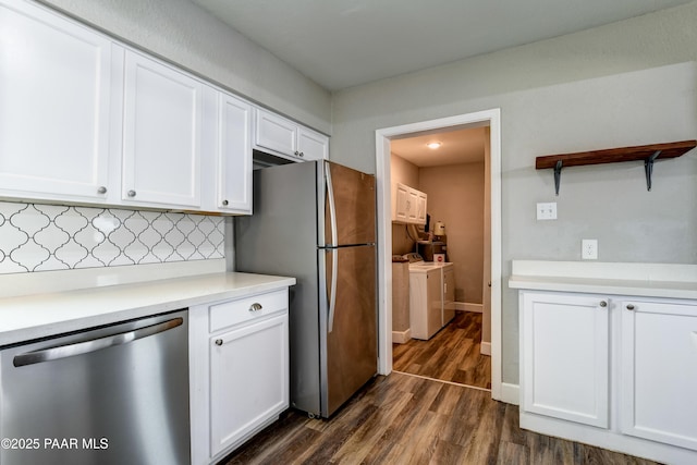 kitchen featuring open shelves, stainless steel appliances, separate washer and dryer, white cabinets, and decorative backsplash