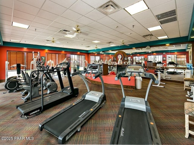 workout area featuring dark colored carpet, a drop ceiling, ceiling fan, and a healthy amount of sunlight