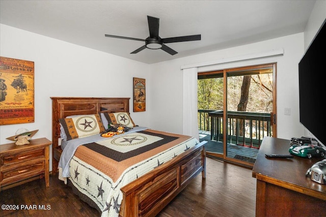 bedroom featuring ceiling fan, dark hardwood / wood-style floors, and access to exterior