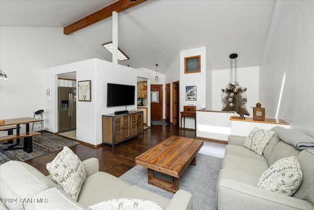 living room with beamed ceiling, dark wood-type flooring, and high vaulted ceiling