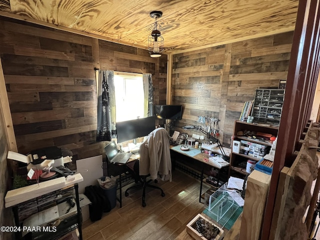 office space with wooden ceiling, dark wood-type flooring, and wooden walls