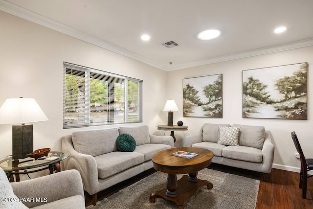 living room with recessed lighting, wood finished floors, visible vents, and ornamental molding