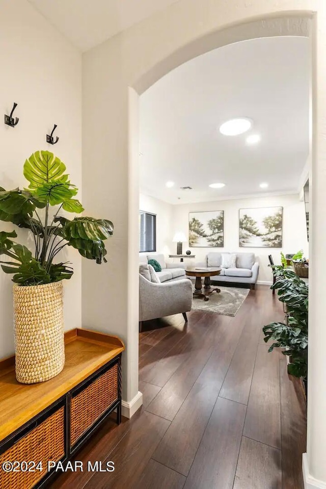 interior space featuring hardwood / wood-style flooring, recessed lighting, baseboards, and arched walkways