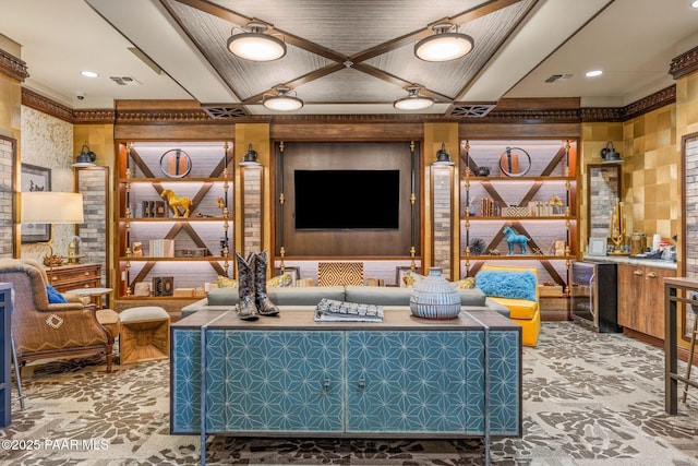 living area featuring visible vents and wine cooler