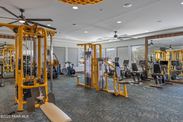 exercise room featuring carpet flooring and recessed lighting