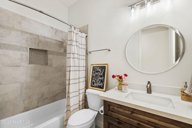 bathroom with toilet, shower / tub combo with curtain, and vanity