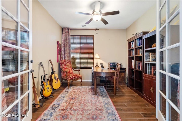 office space with ceiling fan and french doors