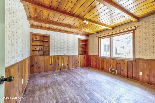 769 Cherokee Rd, Prescott, AZ 86303 - unfurnished room with wallpapered walls, a wooden ceiling with exposed beams, wainscoting, wooden walls, and hardwood / wood-style flooring