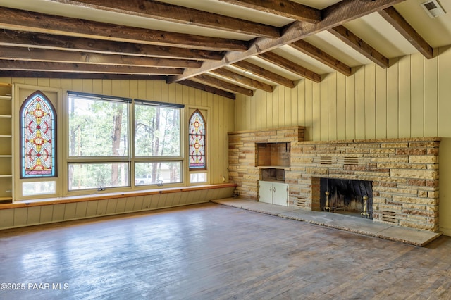 769 Cherokee Rd, Prescott, AZ 86303 - unfurnished living room with wood finished floors, a fireplace, and wood walls