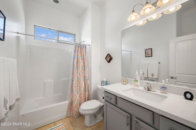 full bathroom with tile patterned flooring, vanity, shower / tub combo, and toilet