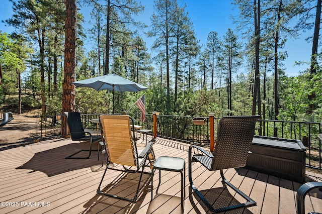 5980 S Old Walker Rd, Prescott, AZ 86303 - wooden terrace with outdoor dining space and view of scattered trees