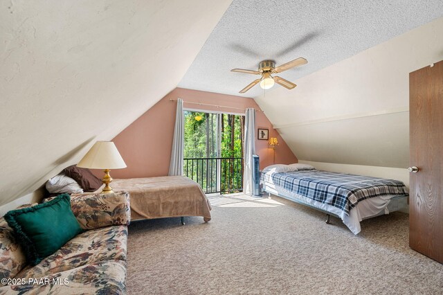 5980 S Old Walker Rd, Prescott, AZ 86303 - carpeted bedroom with lofted ceiling, access to exterior, a ceiling fan, and a textured ceiling