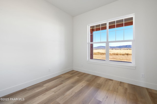 empty room featuring a mountain view and light wood-type flooring