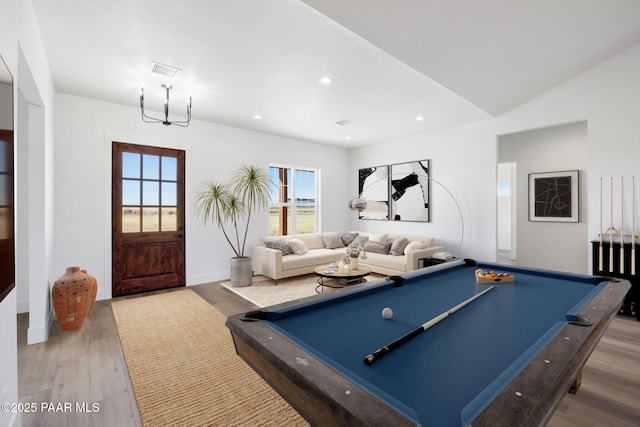 recreation room featuring billiards and light wood-type flooring