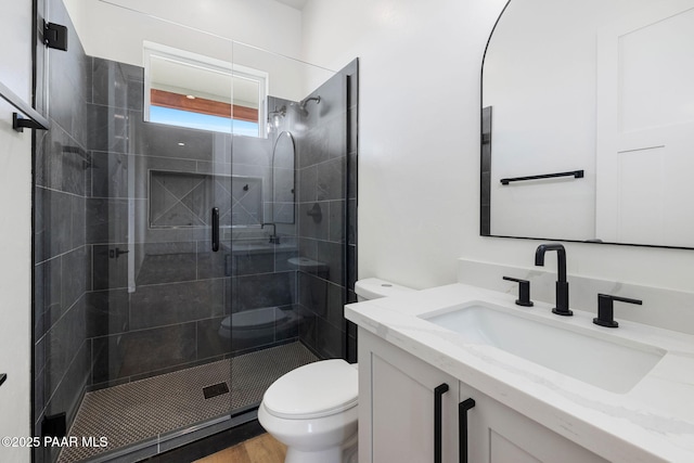 bathroom featuring vanity, toilet, and a shower with door