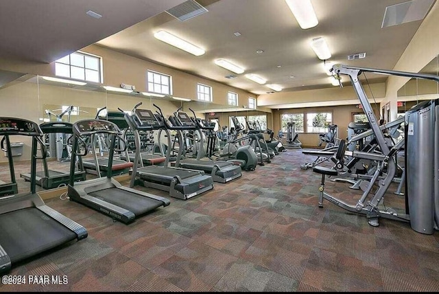 workout area with dark carpet