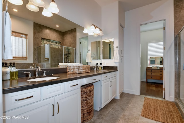 5306 Rocky Vista Dr, Prescott, AZ 86301 - bathroom featuring a chandelier, a stall shower, and double vanity