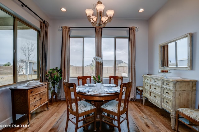 5306 Rocky Vista Dr, Prescott, AZ 86301 - dining area featuring light wood-style floors, a chandelier, recessed lighting, and baseboards