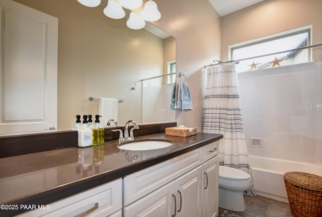 5306 Rocky Vista Dr, Prescott, AZ 86301 - bathroom with toilet, vanity, shower / bathtub combination with curtain, tile patterned flooring, and a chandelier