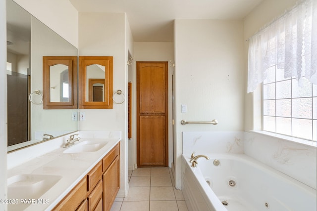 1269 N Oxbow Dr, Dewey-Humboldt, AZ 86327 - bathroom featuring double vanity, a tub with jets, and tile patterned floors