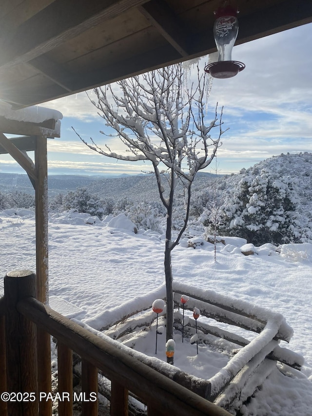 yard layered in snow with a mountain view